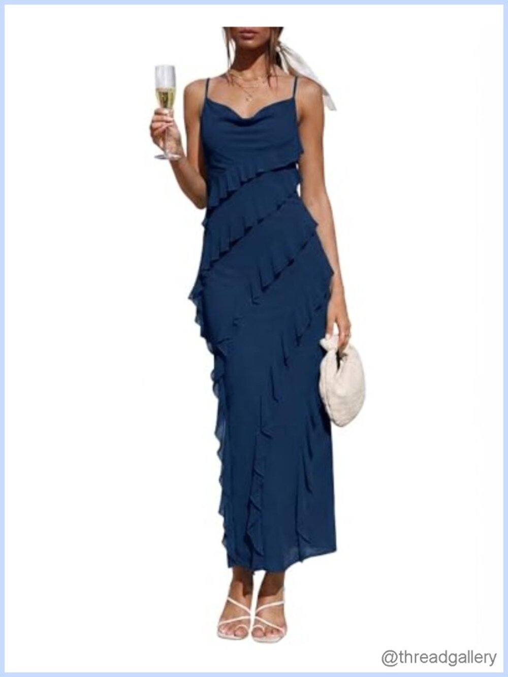 Women Ruffle Spaghetti Strap Formal Dress Cowl Neck Bodycon Back Slit Semi